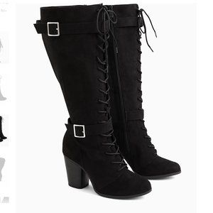 TORRID - BLACK FAUX SUEDE LACE-UP KNEE-HIGH BOOT (WW)